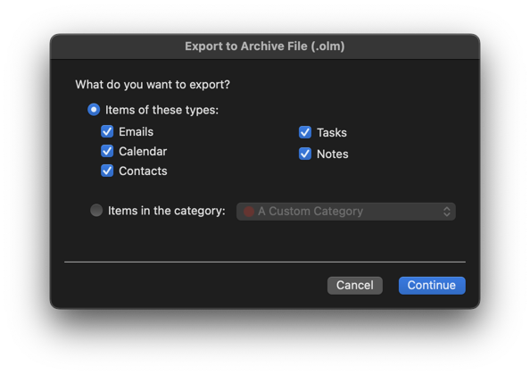 Screenshot of Outlook 365's Export Dialog